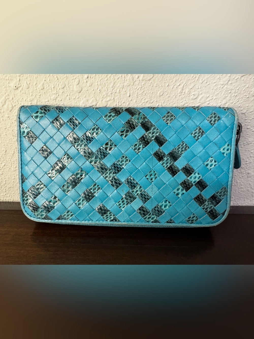 Bottega Veneta Turquoise Woven Leather Zip Wallet with Patterned Insets